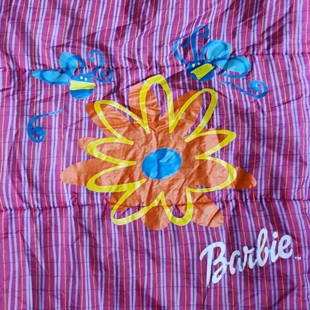 Child size Barbie Pink Striped Sleeping Bag Vintage 2003 Shakespeare Kidcore Y2K